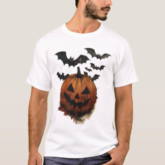 Spooky Pumpkin & Bats Halloween Art T-Shirt