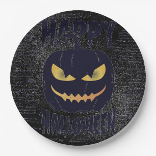 Spooky Pumpkin Black Halloween party Paper Plate
