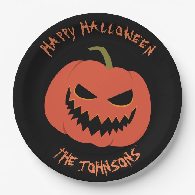 Spooky Pumpkin Black Halloween party your name Paper Plate (Front)