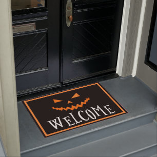 Spooky Pumpkin Face Orange Black Halloween Welcome Doormat