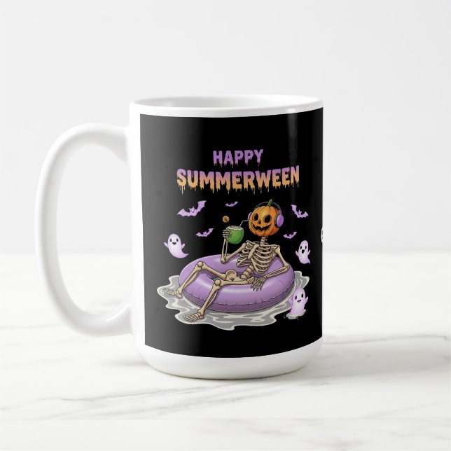 Spooky Pumpkin Faced Skeleton Fun Happy Summerween Coffee Mug (Left)