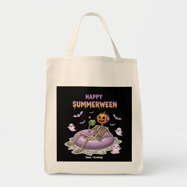 Spooky Pumpkin Faced Skeleton Fun Happy Summerween Tote Bag (Front)