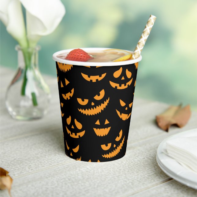 Spooky Pumpkin Faces Kids Halloween Party Paper Cups (Insitu)