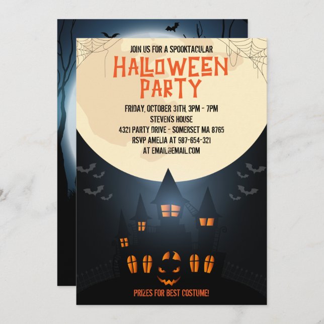 Spooky Pumpkin Halloween With Haunted House & Moon Invitation (Front/Back)