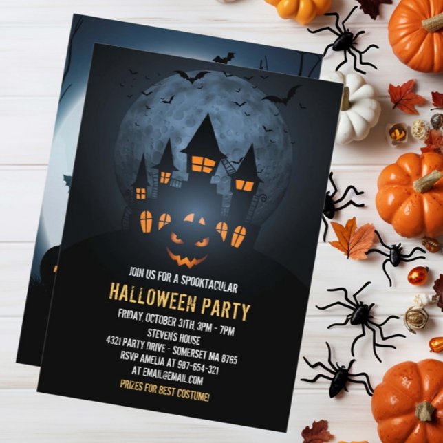 Spooky Pumpkin Halloween With Haunted House & Moon Invitation (Creator Uploaded)