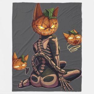 Spooky Pumpkin Head Skeleton Cat Gothic Fleece Blanket