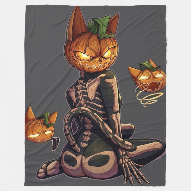 Spooky Pumpkin Head Skeleton Cat Gothic Fleece Blanket (Front)