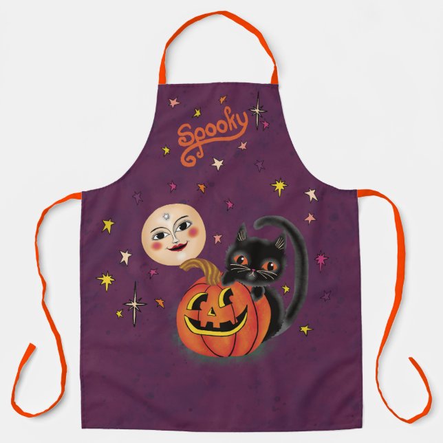 Spooky Pumpkin Kitten Moon - Dark Purple  Apron (Front)