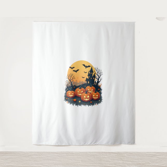Spooky Pumpkin Patch – Retro Halloween Tee Tapestry (Front)