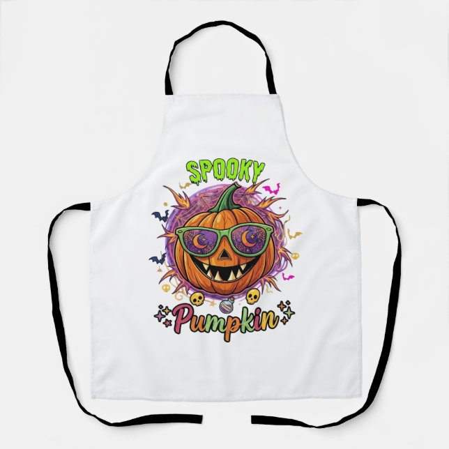 Spooky Pumpkin Sunglasses Moon Cobwebs Skulls Apron (Front)