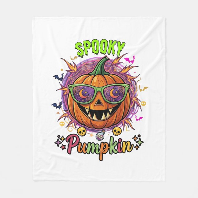 Spooky Pumpkin Sunglasses Moon Cobwebs Skulls Fleece Blanket (Front)