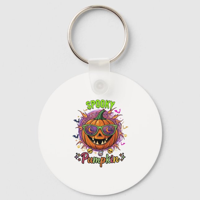 Spooky Pumpkin Sunglasses Moon Cobwebs Skulls Key Ring (Front)