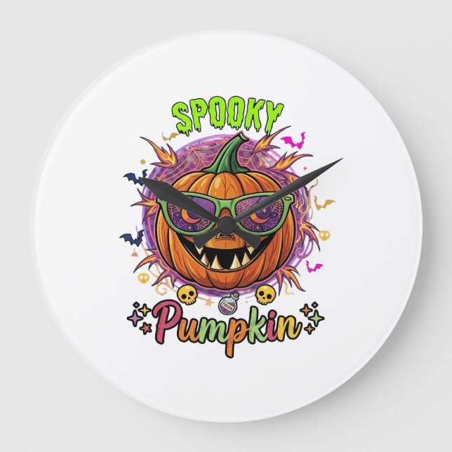 Spooky Pumpkin Sunglasses Moon Cobwebs Skulls Large Clock (Front)