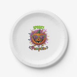 Spooky Pumpkin Sunglasses Moon Cobwebs Skulls Paper Plate