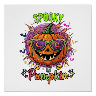 Spooky Pumpkin Sunglasses Moon Cobwebs Skulls Poster