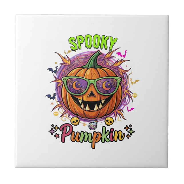Spooky Pumpkin Sunglasses Moon Cobwebs Skulls Tile (Front)