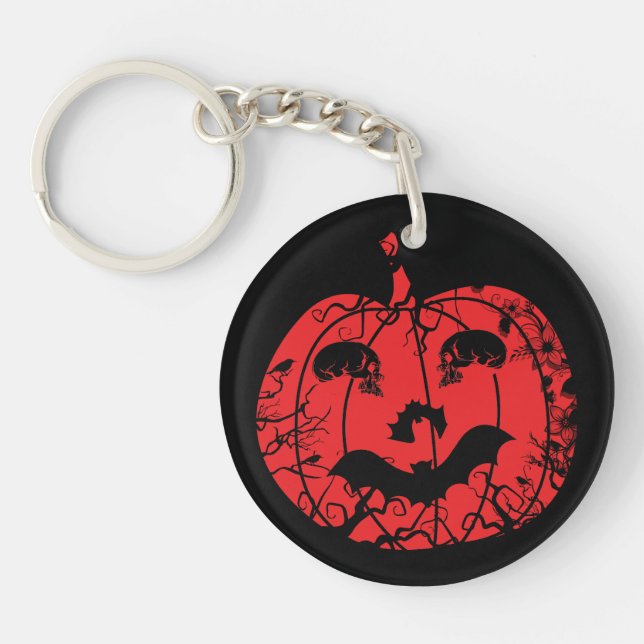 Spooky Pumpkin with Skulls and Bats Halloween Key Ring (Front)