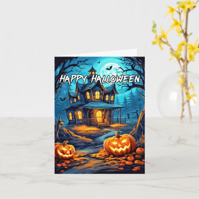 Spooky Pumpkins Haunted House Happy Halloween Card (Yellow Flower)