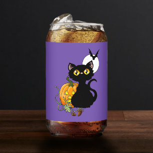 Spooky Purple Cute Black Cat Halloween Pumpkin Can Glass