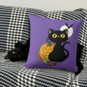 Spooky Purple Cute Black Cat Halloween Pumpkin Cushion
