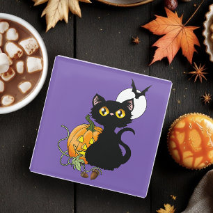 Spooky Purple Cute Black Cat Halloween Pumpkin Glass Coaster