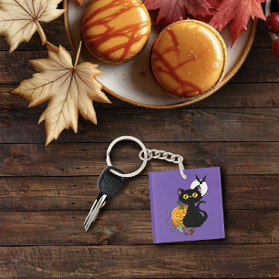 Spooky Purple Cute Black Cat Halloween Pumpkin Key Ring