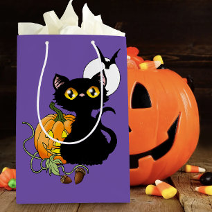 Spooky Purple Cute Black Cat Halloween Pumpkin Medium Gift Bag