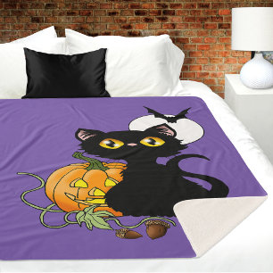 Spooky Purple Cute Black Cat Halloween Pumpkin Sherpa Blanket