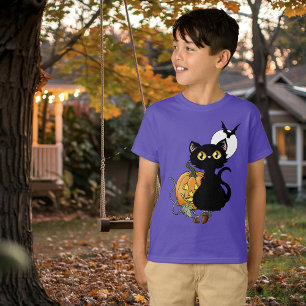 Spooky Purple Cute Black Cat Halloween Pumpkin T-Shirt
