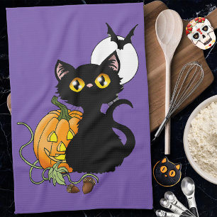 Spooky Purple Cute Black Cat Halloween Pumpkin Tea Towel