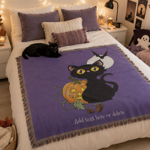 Spooky Purple Cute Black Cat Halloween Pumpkin Throw Blanket