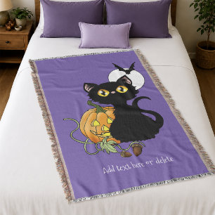 Spooky Purple Cute Black Cat Halloween Pumpkin Throw Blanket