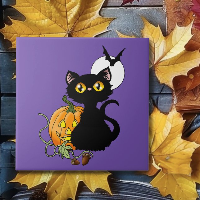 Spooky Purple Cute Black Cat Halloween Pumpkin Tile (Creator Uploaded)