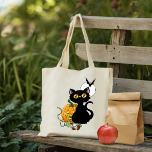 Spooky Purple Cute Black Cat Halloween Pumpkin Tote Bag