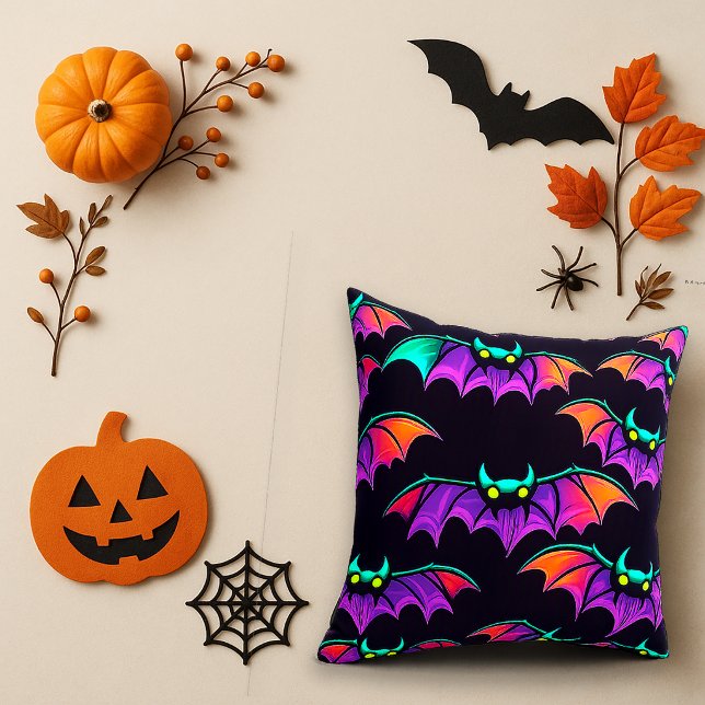 Spooky Purple Neon Flying Bat Pattern Cushion (Creator Uploaded)