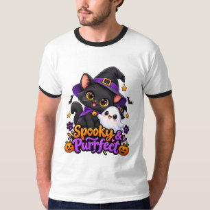 Spooky & Purrfect Halloween Black Cat Ringer T-Shi T-Shirt