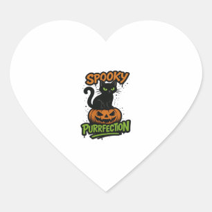 Spooky Purrfection � Cute Black Cat on Pumpkin Hal Heart Sticker