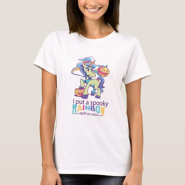 Spooky Rainbow Spell Halloween Unicorn Witch T-Shirt (Front)