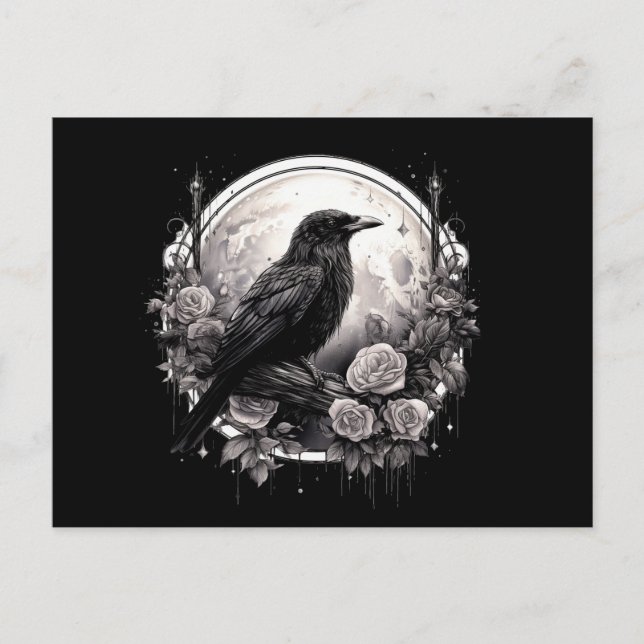 Spooky Raven Crow, Moon & Rose Gothic Illustration Postcard (Front)