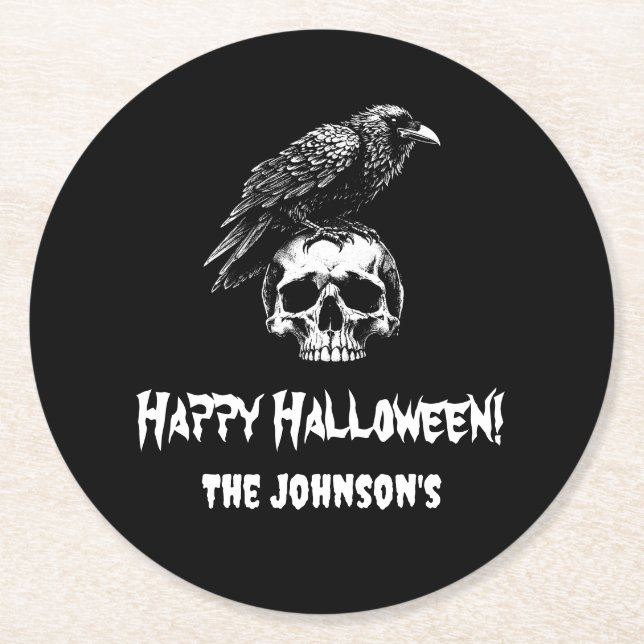 Spooky Raven Skull Halloween Paper Coaster (Front)