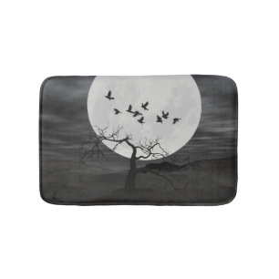 Spooky Ravens Flying Against the Full Moon Bath Mat
