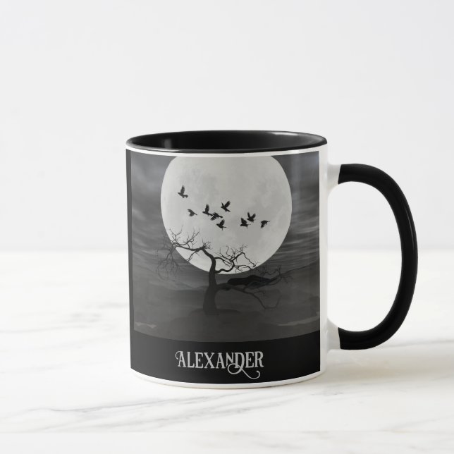Spooky Ravens Flying Against the Full Moon Mug (Right)