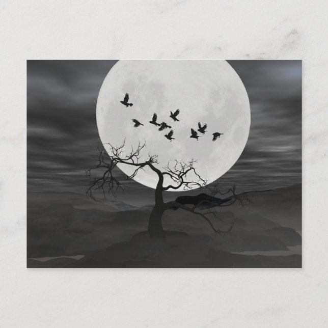 Spooky Ravens Flying Against the Full Moon Postcard (Front)