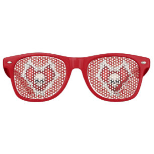 Spooky Red Heart Outlined in Bones Skull Lines Retro Sunglasses