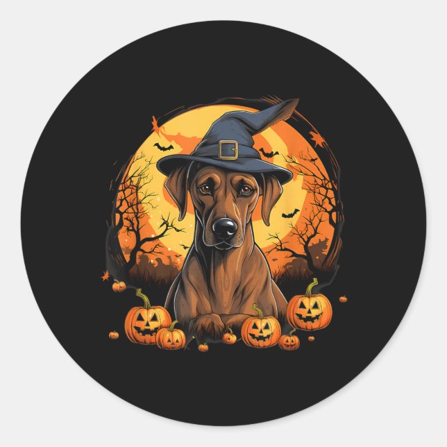 Spooky Rhodesian Ridgeback Dog Witch Halloween Classic Round Sticker (Front)