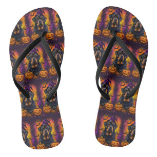 Spooky Rottweiler Dog Halloween Witch And Pumpkin Jandals