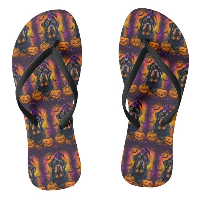 Spooky Rottweiler Dog Halloween Witch And Pumpkin Jandals (Footbed)
