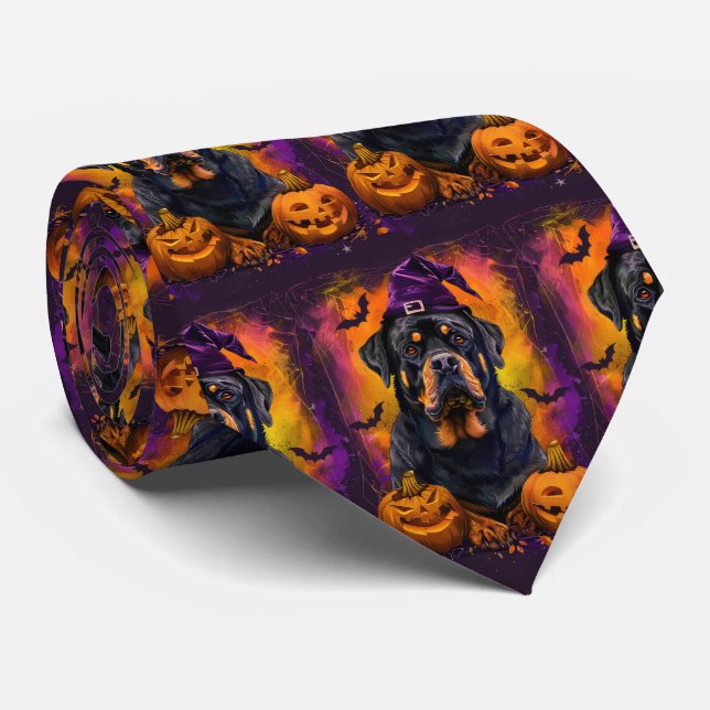 Spooky Rottweiler Dog Halloween Witch And Pumpkin Tie (Rolled)