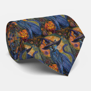 Spooky Russian Blue Cat Halloween Witch Pumpkin Tie