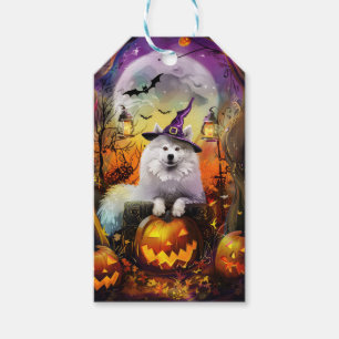 Spooky Samoyed Dog Halloween Witch And Pumpkin Gift Tags